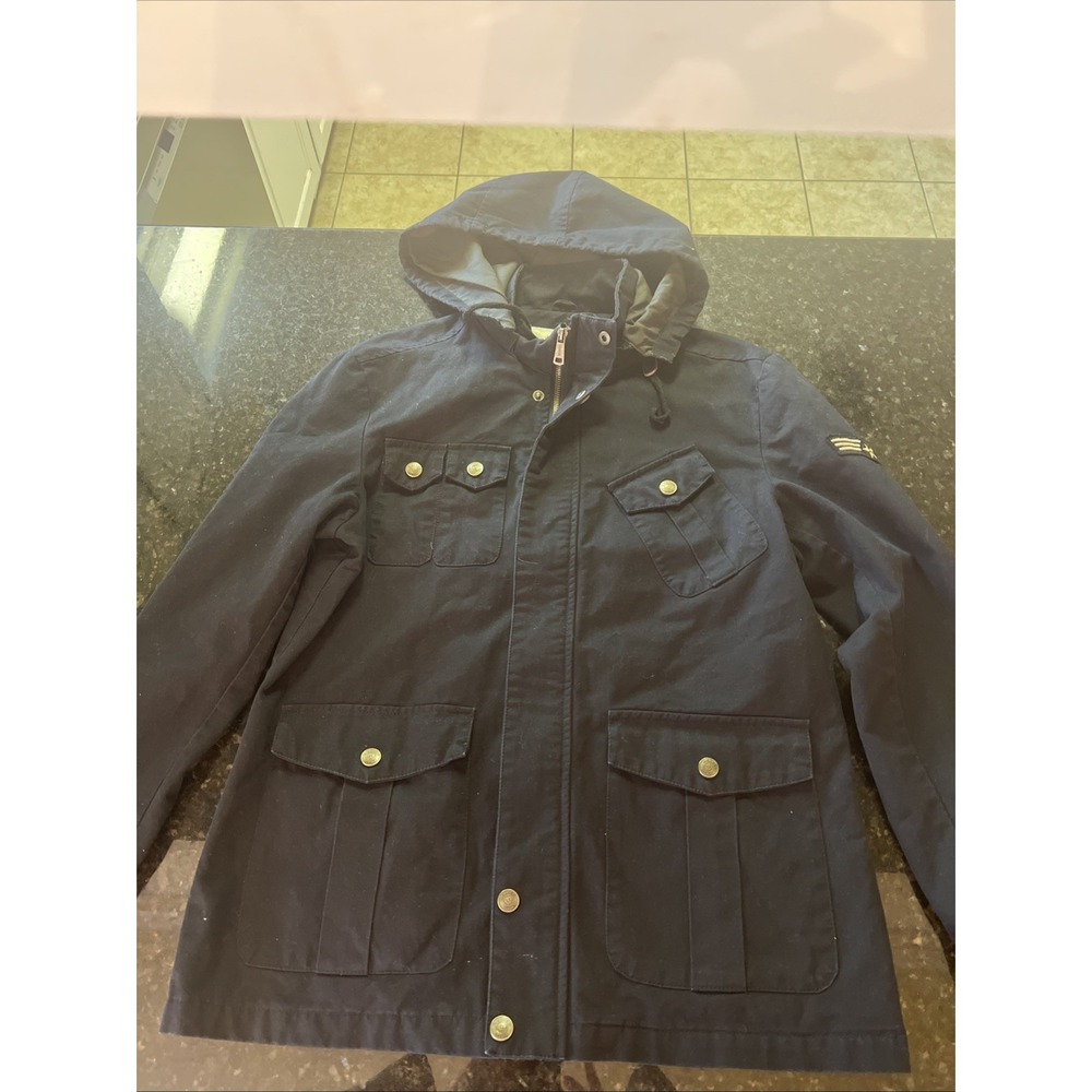 Wenven Woman's Black Coat‎ Jacket Parka Hood Military Style Sz Sm Pockets Patch